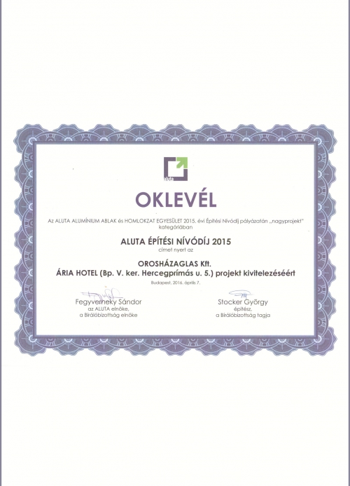 2015 Oklevél - Aluta Építési Nívódíj - Ária Hotel kivitelezéséért