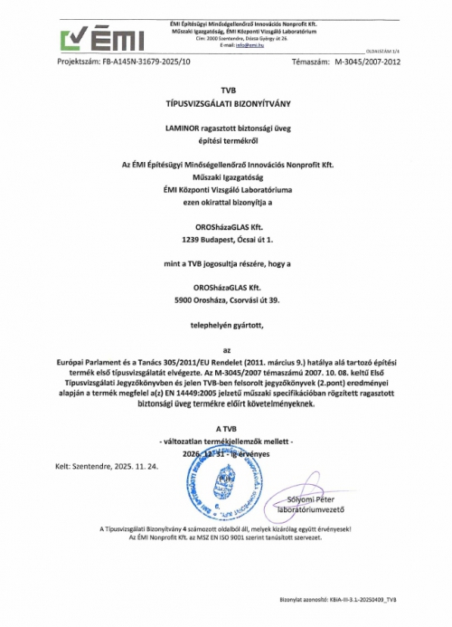 LAMINOR  ÉMI TIPUSVIZSGÁLATI BIZONYÍTVÁNY
