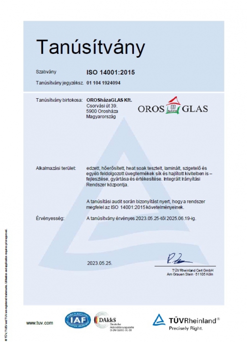 Tanúsítvány ISO 14001-2015